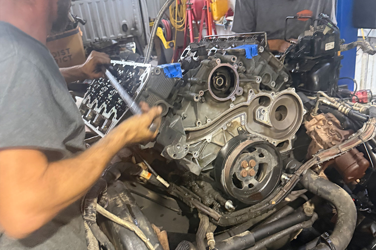 Fuel system and turbocharger components being serviced